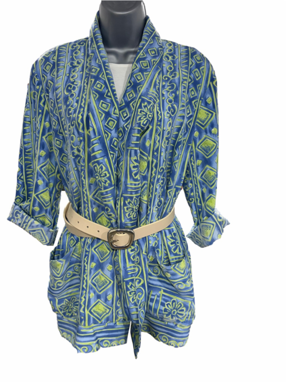 Vintage Yours ASAP California Kimono Jacket Women’s Medium Blue Lime Green Print